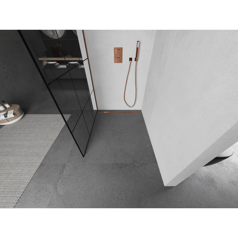 Mexen Kioto sprchová stena Walk-in 110 x 200 cm, čierna mriežka 8 mm, ružové zlato - 800-110-101-60-77