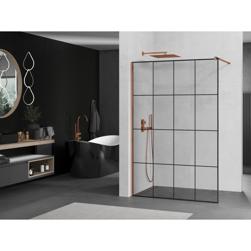 Mexen Kioto sprchová stena Walk-in 140 x 200 cm, čierna mriežka 8 mm, ružové zlato - 800-140-101-60-77