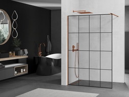 Mexen Kioto sprchová stena Walk-in 140 x 200 cm, čierna mriežka 8 mm, ružové zlato - 800-140-101-60-77