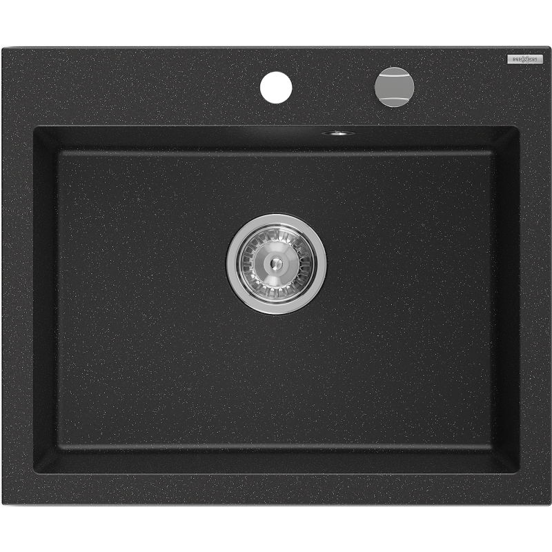 Mexen Elix granitový drez 1-komorový 600 x 500 mm, čierny/strieborný metalik, sifón chróm - 6525601005-73