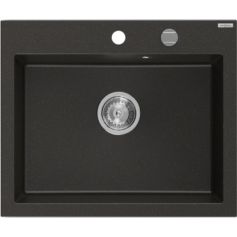 Mexen Elix granitový drez s jednou komorou 600 x 500 mm, čierno/zlatý metalik, sifón chróm - 6525601005-75