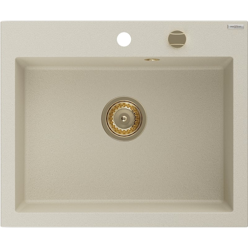 Mexen Elix granitový drez, 1-komorový, 600 x 500 mm, béžový, zlatý sifón - 6525601005-69-G