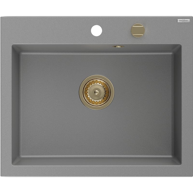 Mexen Elix granitový kuchynský drez 1-komorový 600 x 500 mm, sivý, sifón zlatý - 6525601005-71-G