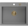 Mexen Elix granitový kuchynský drez 1-komorový 600 x 500 mm, sivý, sifón zlatý - 6525601005-71-G