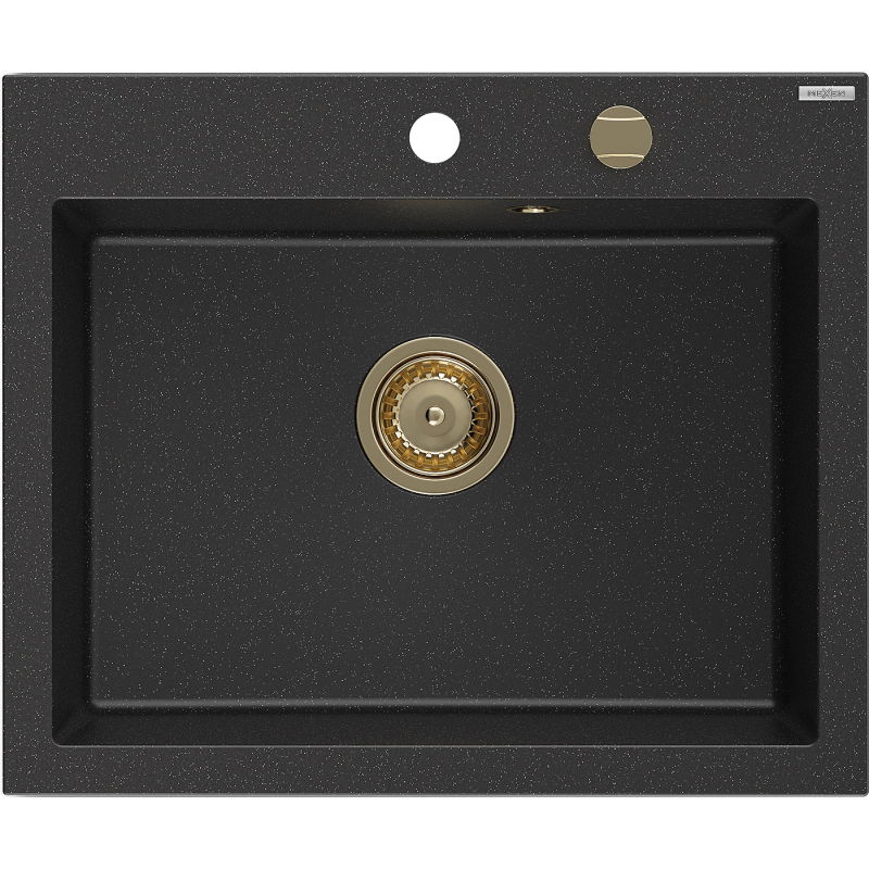 Mexen Elix granitový drez 1-komorový 600 x 500 mm, čierny/strieborný metalik, sifón zlatý - 6525601005-73-G