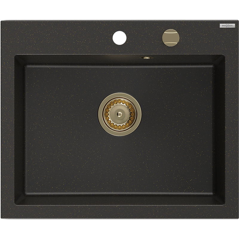 Mexen Elix granitový drez 1-komorový 600 x 500 mm, čierny/zlatý metalický, sifón zlatý - 6525601005-75-G