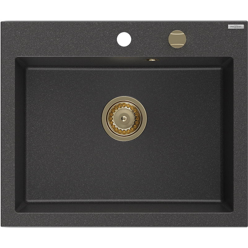Mexen Elix granitový kuchynský drez 1-komorový 600 x 500 mm, čierny so škvrnami, zlatý sifón - 6525601005-76-G