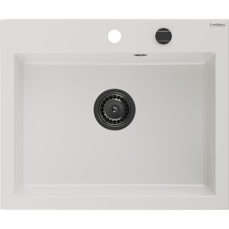 Mexen Elix granitový kuchynský drez s 1 komorou 600 x 500 mm, biely, čierny sifón - 6525601005-20-B