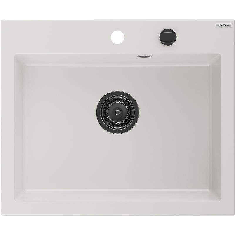 Mexen Elix granitový kuchynský drez s jednou komorou 600 x 500 mm, biely, čierna sifón - 6525601005-20-B