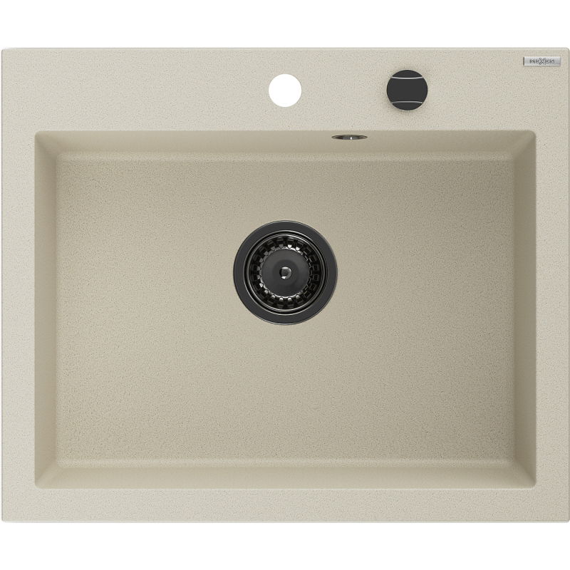 Mexen Elix granitový kuchynský drez 1-komorový 600 x 500 mm, béžový, čierny sifón- 6525601005-69-B