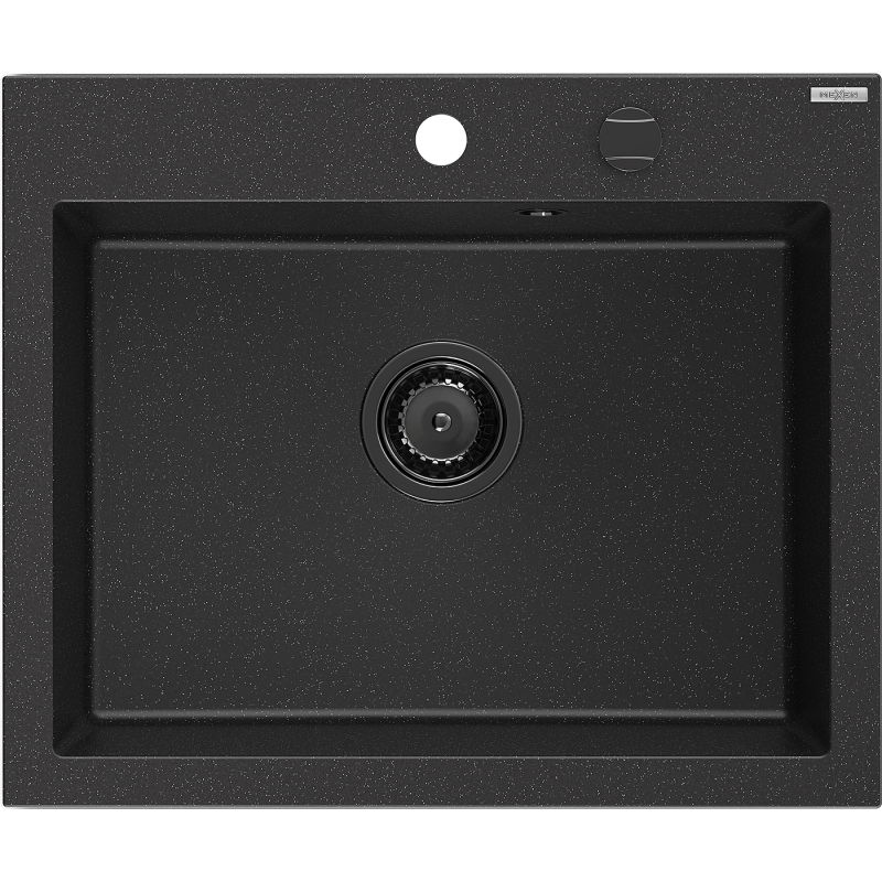 Mexen Elix žulový drez s 1 komorou 600 x 500 mm, čierny/strieborný metalík, čierny sifón - 6525601005-73-B