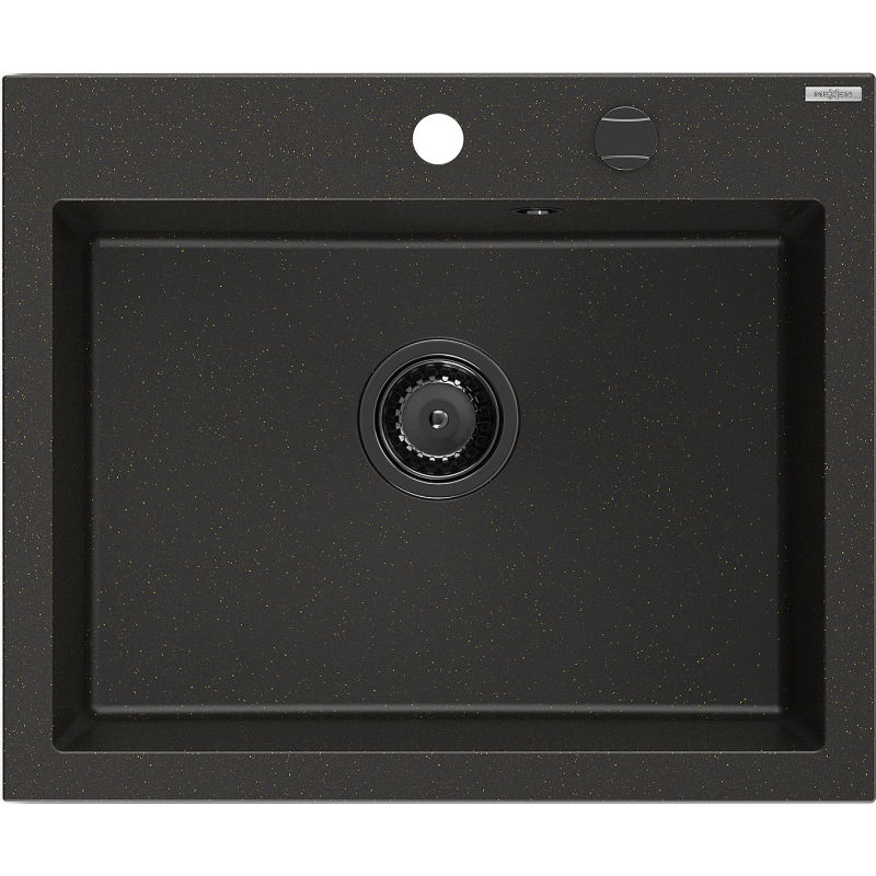 Mexen Elix granitový drez 1-komorový 600 x 500 mm, čierny/zlatý metalický, čierny sifón - 6525601005-75-B