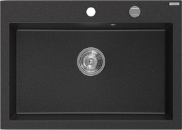 Mexen Elix žulový kuchynský drez s 1 komorou 700 x 500 mm, čierny/strieborný metalický, chrómový sifón - 6526701005-73