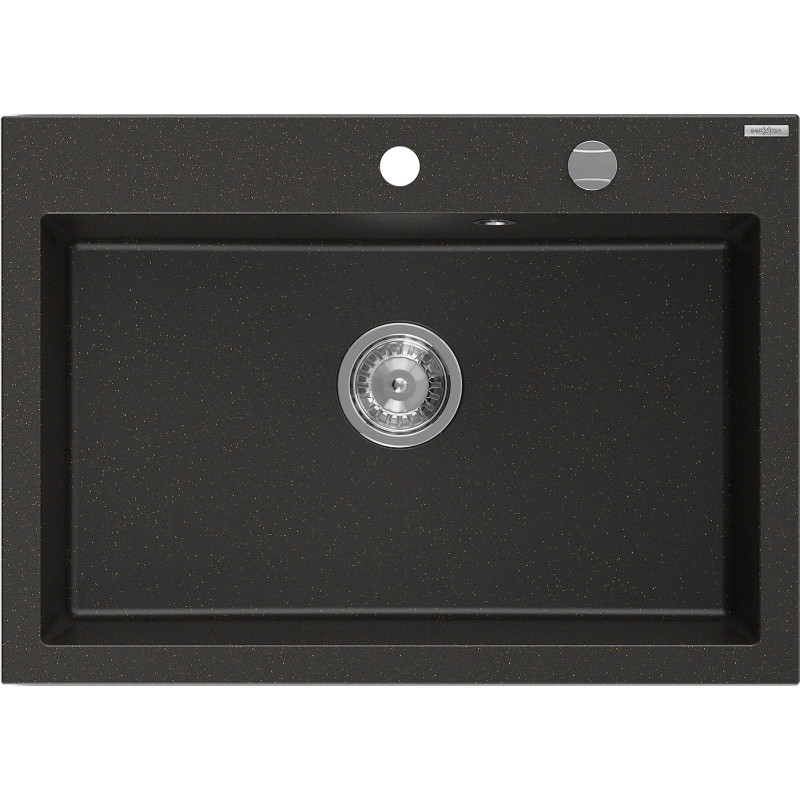 Mexen Elix granitový drez s 1 komorou 700 x 500 mm, čierny/zlatý metalický, sifón chróm - 6526701005-75