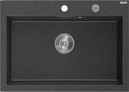 Mexen Elix granitový kuchynský drez 1-komorový 700 x 500 mm, čierny s bielymi škvrnami, chrómový sifón - 6526701005-76