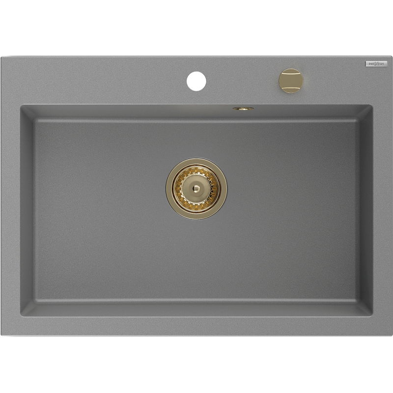 Mexen Elix granitový kuchynský drez s 1 komorou 700 x 500 mm, sivý, sifón zlatý - 6526701005-71-G