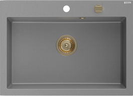 Mexen Elix granitový kuchynský drez s 1 komorou 700 x 500 mm, sivý, sifón zlatý - 6526701005-71-G