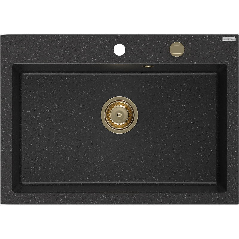 Mexen Elix žulový drez s jednou komorou 700 x 500 mm, čierny/strieborný metalický, sifón zlatý - 6526701005-73-G