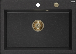 Mexen Elix granitový kuchynský drez 1-komorový 700 x 500 mm, čierny/strieborný metalický, sifón zlatý - 6526701005-73-G
