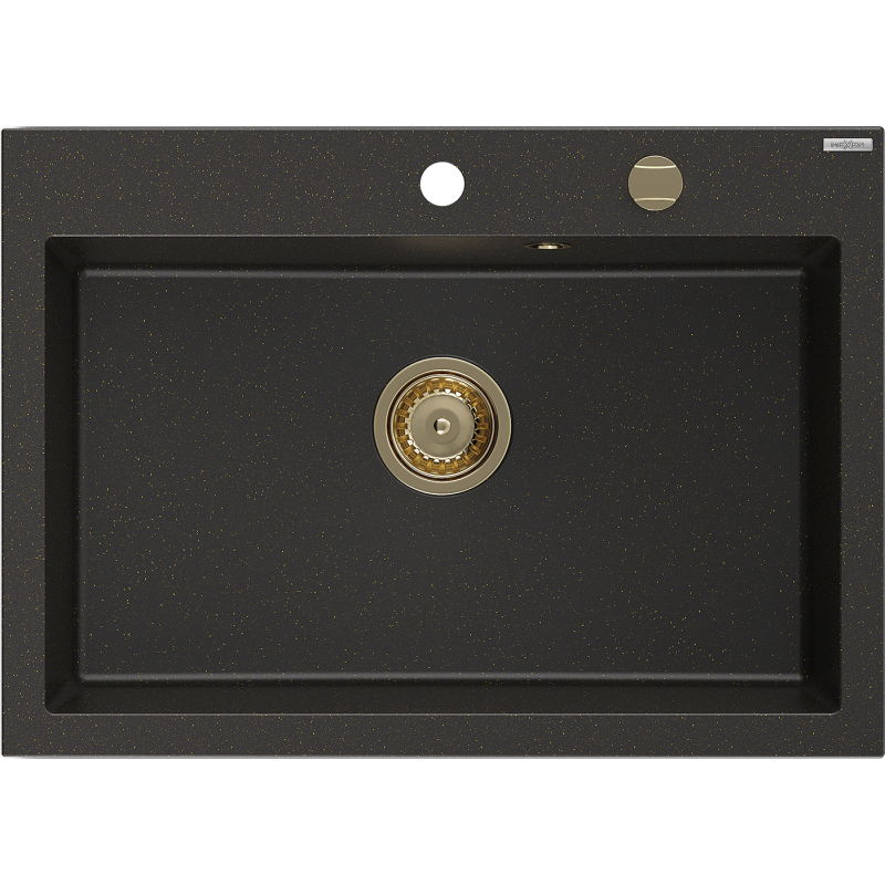 Mexen Elix žulový kuchynský drez 1-komorový 700 x 500 mm, čierny/zlatý metalík, sifón zlatý - 6526701005-75-G