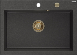 Mexen Elix granitový drez s jednou komorou 700 x 500 mm, čierny s bodkami, zlatý sifón - 6526701005-76-G