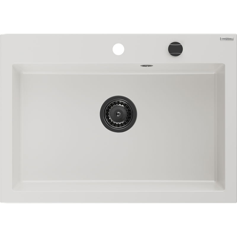 Mexen Elix granitový drez 1-komorový 700 x 500 mm, biely, čierny sifón - 6526701005-20-B