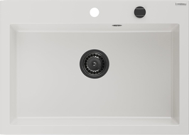 Mexen Elix granitový drez 1-komorový 700 x 500 mm, biely, čierny sifón - 6526701005-20-B