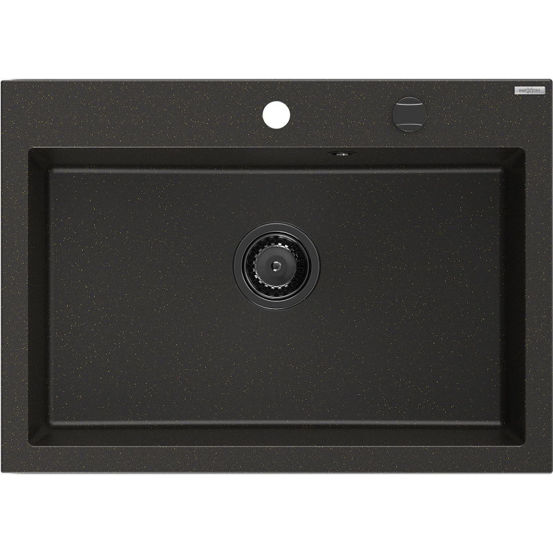 Mexen Elix granitový drez 1-komorový 700 x 500 mm, čierny/zlatý metalik, sifón čierny - 6526701005-75-B
