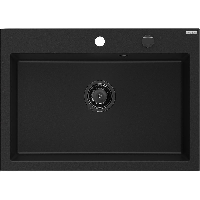 Mexen Elix kuchynský drez z granitu, jednokomorový, 700 x 500 mm, čierny, čierny sifón - 6526701005-77-B