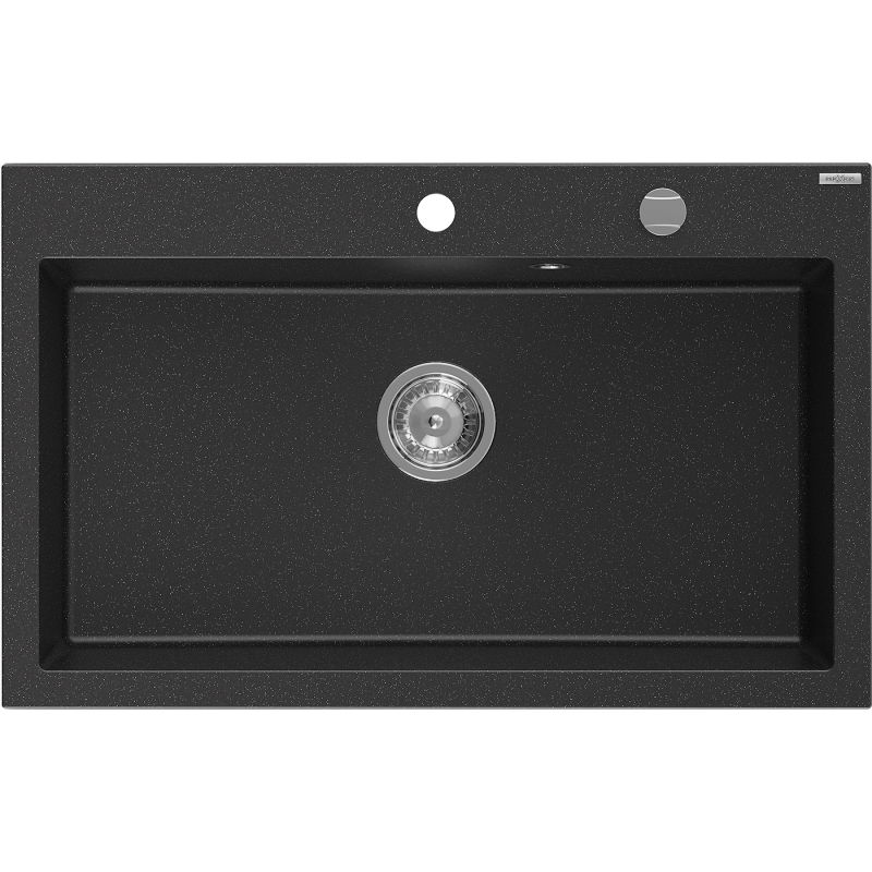 Mexen Elix žulový kuchynský drez 1-komorový 800 x 500 mm, čierny/strieborný metalik, sifón chróm - 6527801005-73