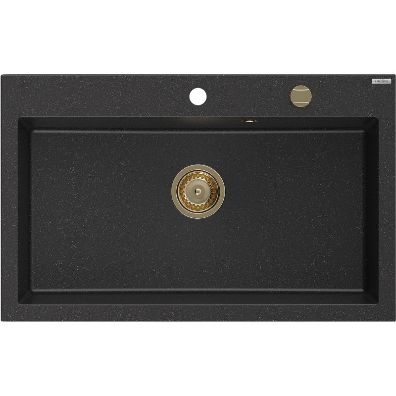 Mexen Elix žulový drezový s jednou komorou 800 x 500 mm, čierny/strieborný metalik, zlatý sifón - 6527801005-73-G