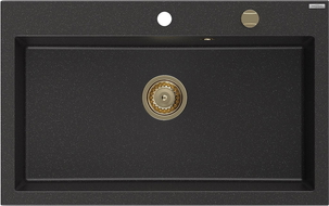 Mexen Elix žulový kuchynský drez 1-komorový 800 x 500 mm, čierny/strieborný metalik, sifón zlatý - 6527801005-73-G