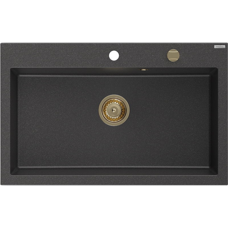 Mexen Elix granitový drez s 1 komorou 800 x 500 mm, čierny škvrnitý, zlatý sifón - 6527801005-76-G