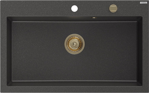 Mexen Elix granitový drez 1-komorový 800 x 500 mm, čierny s bodkami, sifón zlatý - 6527801005-76-G