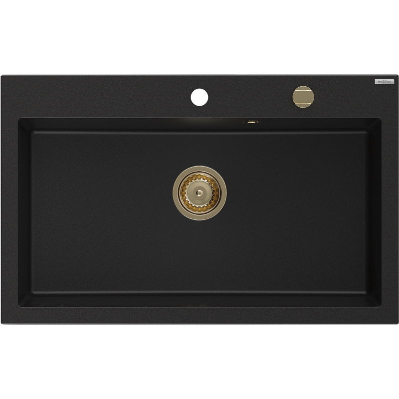 Mexen Elix granitový drez 1-komorový 800 x 500 mm, čierny, sifón zlatý - 6527801005-77-G