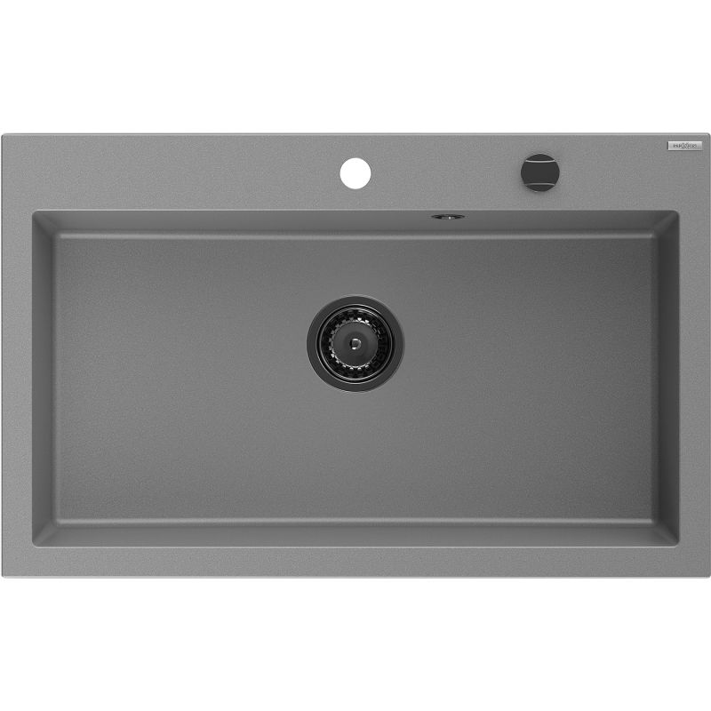 Mexen Elix kuchynský drez z granitu s 1 komorou 800 x 500 mm, sivý, čierny sifón - 6527801005-71-B