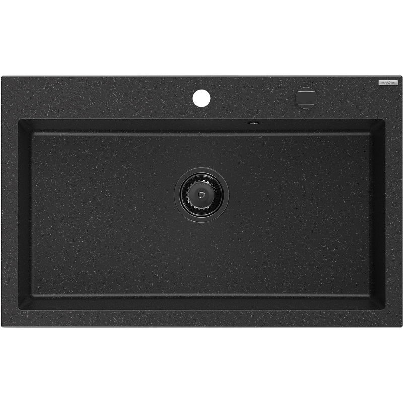 Mexen Elix granitový drez 1-komorový 800 x 500 mm, čierny/strieborný metalik, čierny sifón - 6527801005-73-B