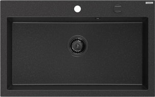 Mexen Elix granitový kuchynský drez 1-komorový 800 x 500 mm, čierny/strieborný metalík, čierny sifón - 6527801005-73-B