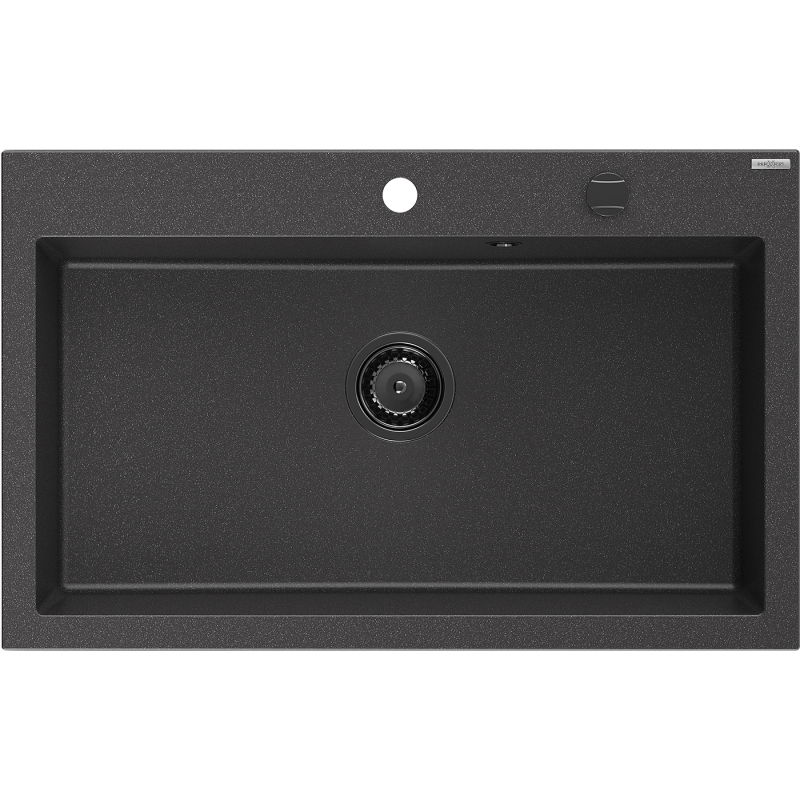 Mexen Elix granitový drez 1-komorový 800 x 500 mm, čierny škvrnitý, čierny sifón - 6527801005-76-B