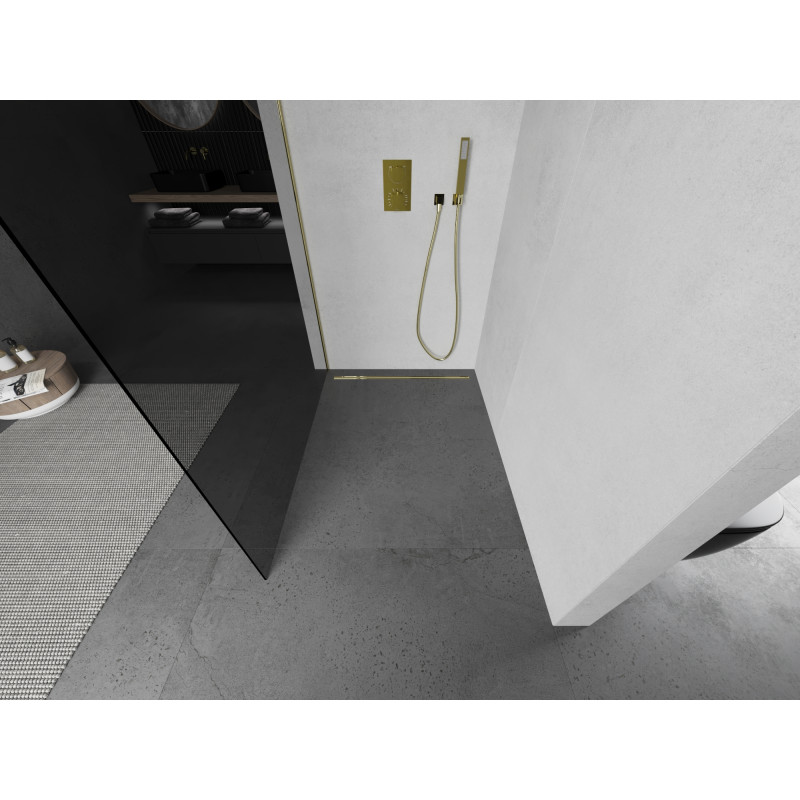 Mexen Kioto sprchová stena Walk-in 140 x 200 cm, grafit 8 mm, zlatá - 800-140-101-50-40