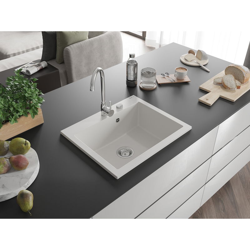 Mexen Elix granitový kuchynský drez 1-komorový 600 x 500 mm, biely, sifón chróm - 6525601005-20