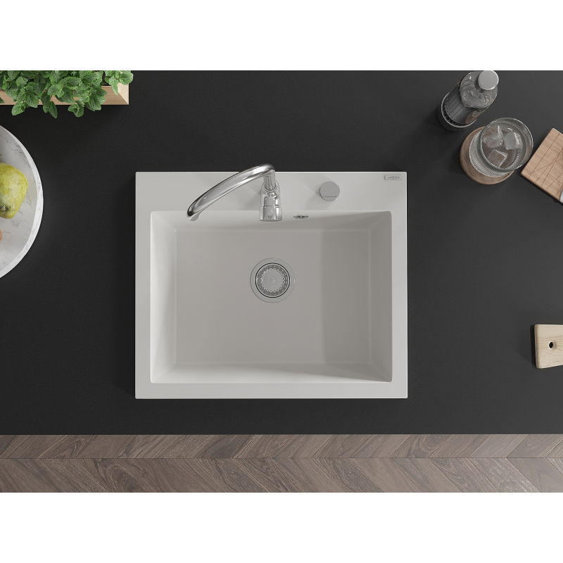 Mexen Elix granitový kuchynský drez 1-komorový 600 x 500 mm, biely, sifón chróm - 6525601005-20