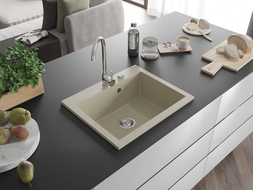 Mexen Elix jednokomorový granitový drez 600 x 500 mm, béžový, chrómový sifón - 6525601005-69