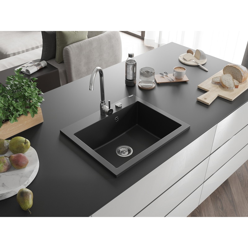 Mexen Elix granitový drez 1-komorový 600 x 500 mm, čierny, sifón chróm - 6525601005-77