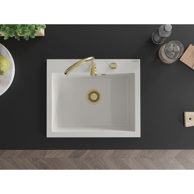 Mexen Elix granitový drez, 1-komorový, 600 x 500 mm, biely, zlatý sifón - 6525601005-20-G