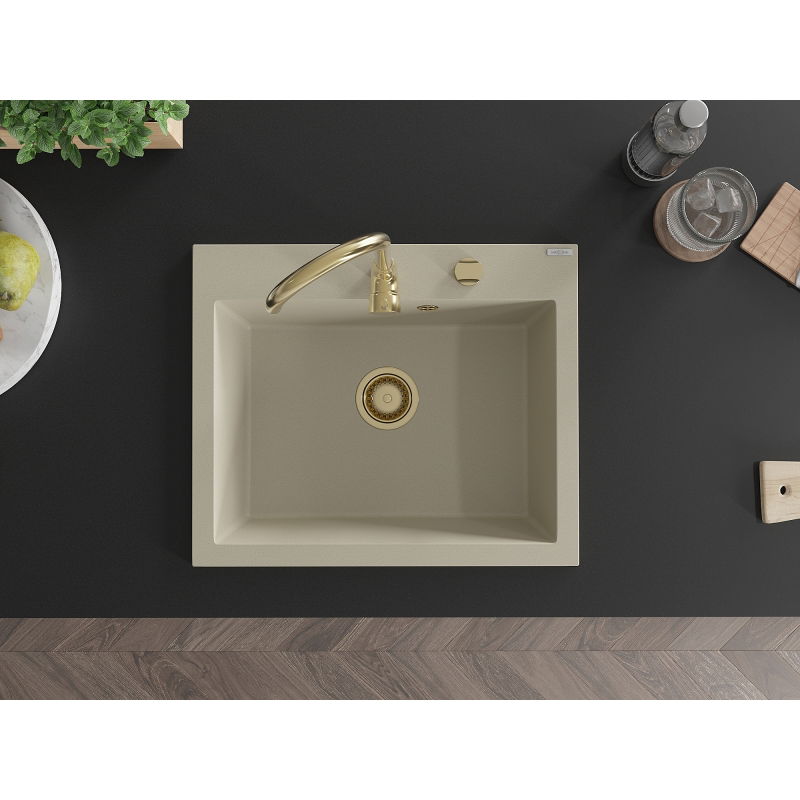 Mexen Elix granitový drez 1-komorový 600 x 500 mm, béžový, sifón zlatý - 6525601005-69-G