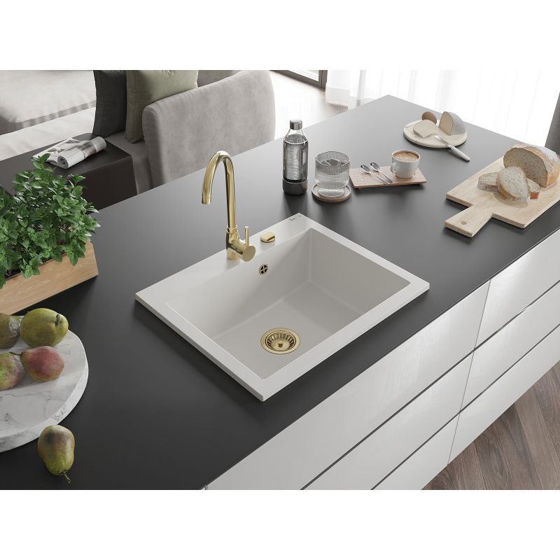 Mexen Elix granitový drez, 1-komorový, 600 x 500 mm, biely, zlatý sifón - 6525601005-20-G