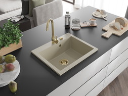 Mexen Elix granitový drez, 1-komorový, 600 x 500 mm, béžový, zlatý sifón - 6525601005-69-G