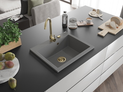Mexen Elix granitový kuchynský drez 1-komorový 600 x 500 mm, sivý, sifón zlatý - 6525601005-71-G