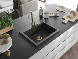 Mexen Elix granitový kuchynský drez 1-komorový 600 x 500 mm, čierny so škvrnami, zlatý sifón - 6525601005-76-G